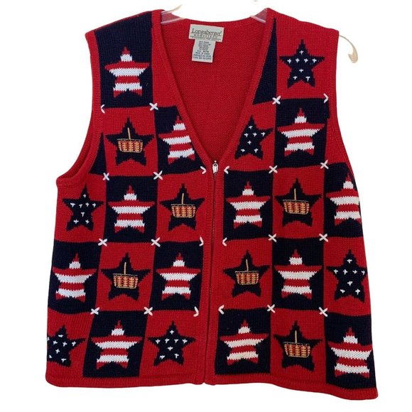 Longaberger Sweaters - Longaberger Homestead Red White Blue Stars Basket Vest Medium 4th of July Zipper